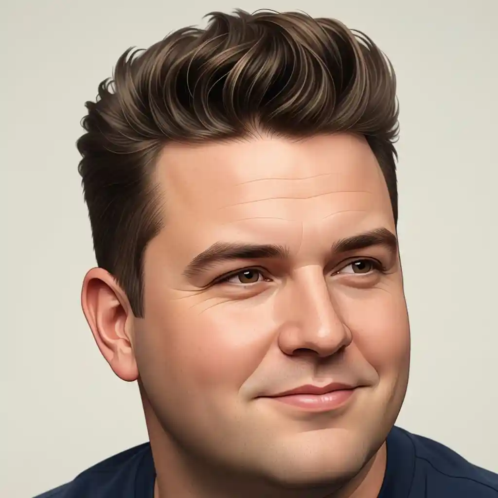 50+ Top Men Hairstyles for Round Face 1 A close-up of a person with stylish, voluminous brown hair, wearing a dark blue shirt, showcasing one of the trendy men hairstyles for round face, with an ear visible on the side.