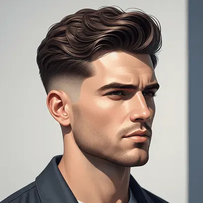 Men’s Medium Length Hairstyle 1 A young man with a stylish, voluminous brown haircut styled as a men's medium length hairstyle, featuring a clean fade and wearing a black jacket against a light background.