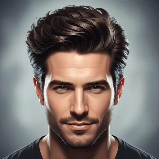 A close-up portrait of a person with stylish, voluminous dark hair—showcasing a popular look for thick hair for men—set against a soft, gradient background.