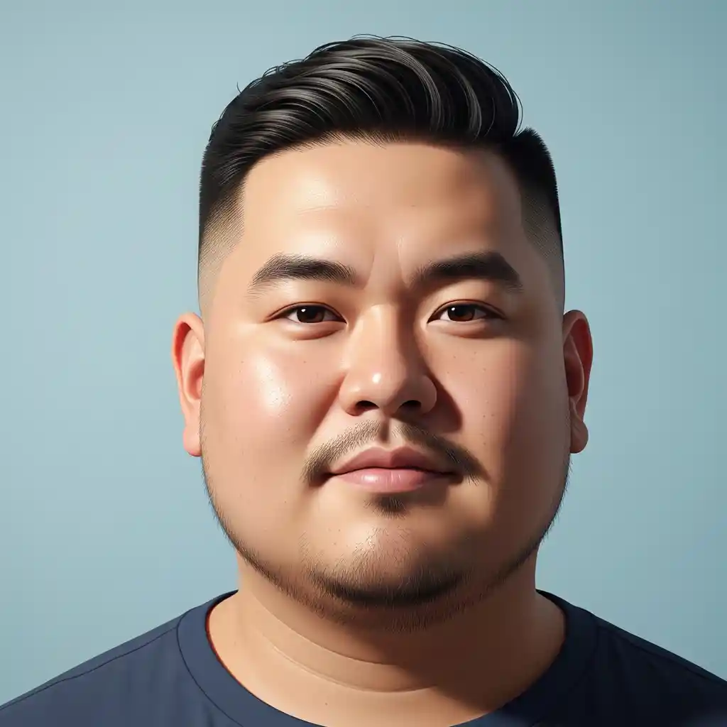 A close-up portrait of a person with stylish, slicked-back hair, representing one of the trendy men hairstyles for round face, wearing a dark shirt against a light blue background.