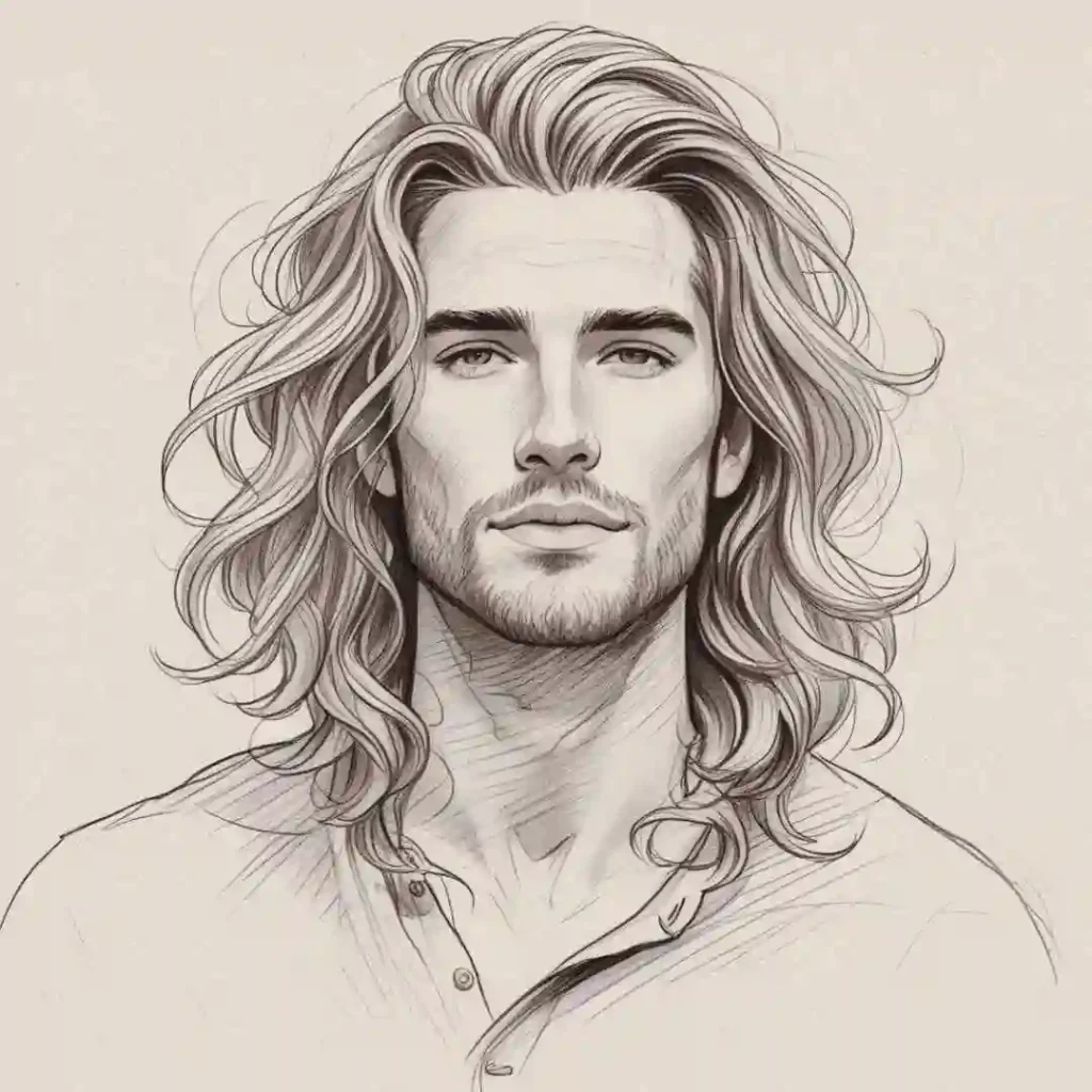 A detailed sketch of a person with men wavy hairstyles, featuring long, wavy hair, wearing a collared shirt, set against a light beige background.