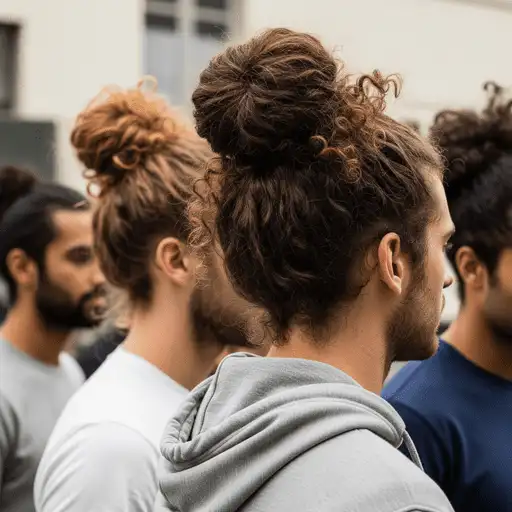 A group of individuals with various hairstyles, including curly and tied-up styles, standing close together outdoors—highlighting diverse looks suitable for thick hair for men.