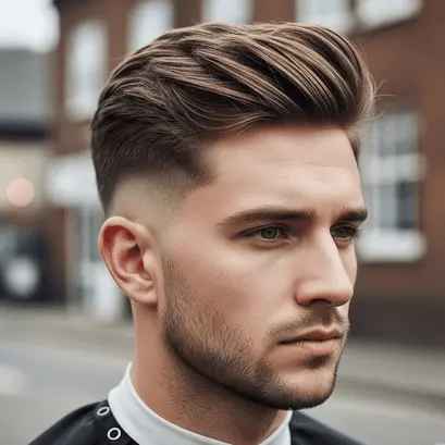 A stylish individual sporting a modern men's medium length hairstyle with a faded side, paired with a casual outfit and set against an urban background.