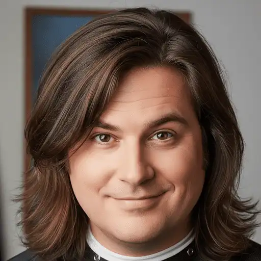 A person with medium-length, wavy hair styled in one of the flattering men hairstyles for round face, wearing a black and white outfit and set against a softly blurred background.