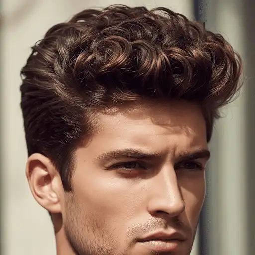 Stylish, voluminous curly hair styled upwards, showcasing a rich, warm brown color—an excellent example of thick hair for men—set against a softly blurred background.