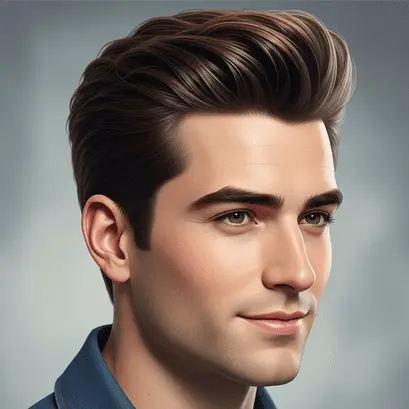 A young man with a stylish, wavy men's medium length hairstyle and an ear visible, wearing a blue shirt, set against a soft, blurred background.