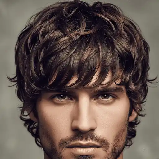 A person with stylish, tousled brown hair set against a muted background, showcasing a modern, casual vibe and a trendy look for thick hair for men.