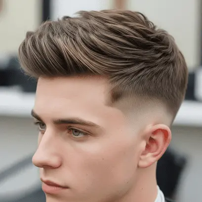 A stylish men's medium length hairstyle featuring voluminous, textured hair on top with a clean fade on the sides and back, showcasing modern barbering techniques.