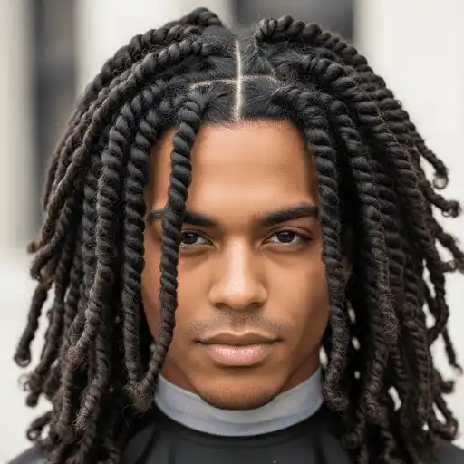 A close-up view of intricately styled black hair in twisted strands, showcasing a unique and textured hairstyle ideal for thick hair for men.