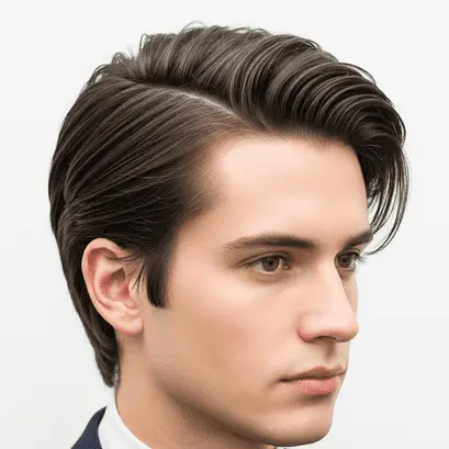 A close-up view of a stylish, voluminous men's medium length hairstyle with defined waves, showcasing a well-groomed ear and a polished suit collar.