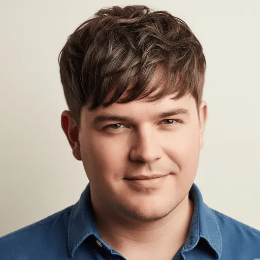 A young person with short, wavy hair styled in one of the men hairstyles for round face, wearing a blue shirt and set against a neutral background.