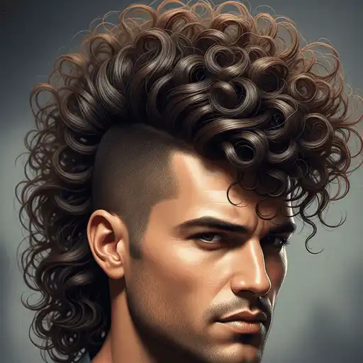 A person showcases an elaborate, voluminous curly hairstyle featuring a dramatic mohawk with closely shaved sides—an eye-catching style ideal for thick hair for men.