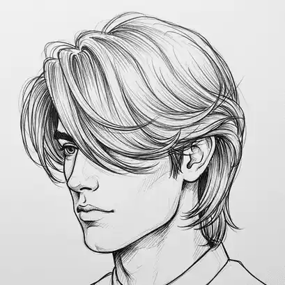 Line art illustration of a young adult with a stylish, layered men's medium length hairstyle, focusing on the hair texture and details of the neck and ear.