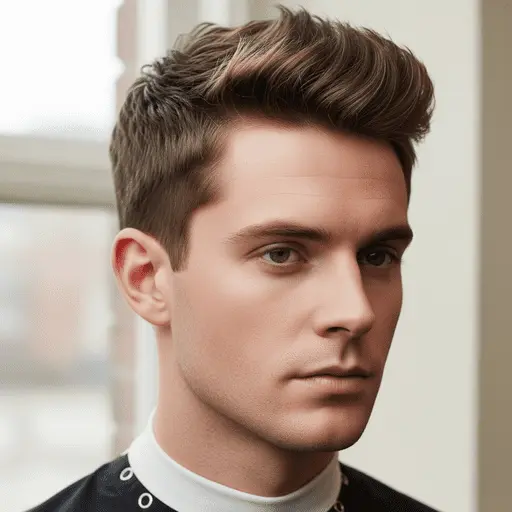 A close-up of a young man with stylish, textured hair, showcasing one of the popular men hairstyles for round face, wearing a black shirt with a white collar, against a softly lit window backdrop.