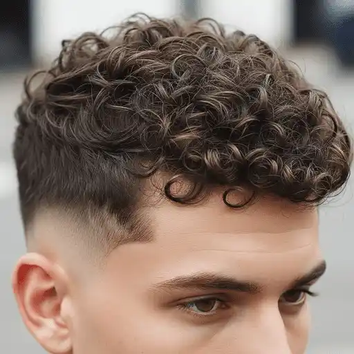 Close-up of a stylish haircut featuring short sides and voluminous, curly hair on top with a textured finish—an ideal style for thick hair for men.