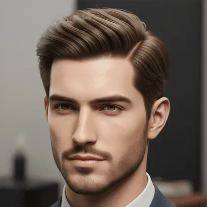 A young man with a stylishly slicked-back look, showcasing a classic men's medium length hairstyle, wears a formal suit set against a softly blurred background.