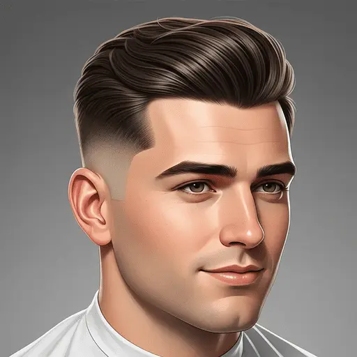 Close-up of a male with stylish, slicked-back hair, showcasing one of the trendy men hairstyles for round face, wearing a white shirt against a subtle gray background.