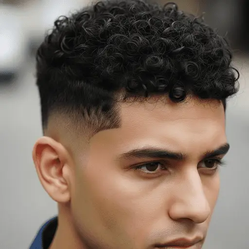A close-up of a young person with stylish, short curly hair and a faded haircut—an on-trend example of thick hair for men—set against an urban background.