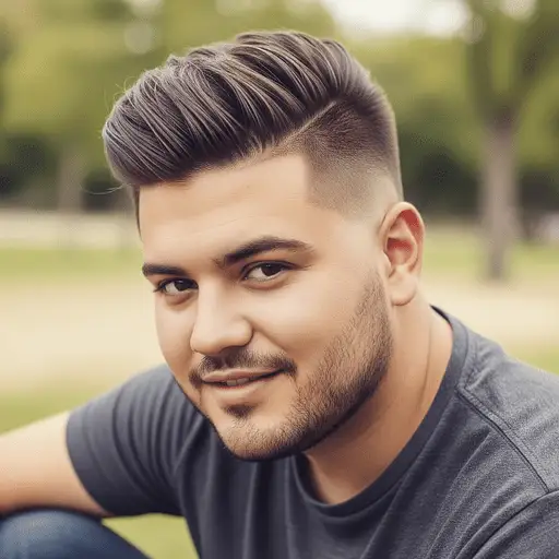 A man with stylish, voluminous hair showcasing one of the trendy men hairstyles for round face, sitting outdoors in a gray t-shirt, surrounded by a blurred green park background.