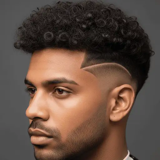 A close-up of a stylish haircut featuring tight curls on top and a faded side—an excellent style choice for thick hair for men—set against a smooth gray background.