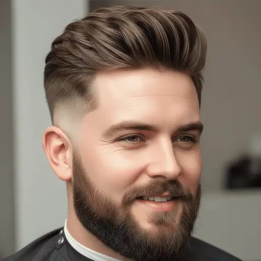 A close-up of a stylish men's haircut featuring thick, textured hair on top and a faded undercut, ideal for men hairstyles for round face, with an elegant shirt collar visible.
