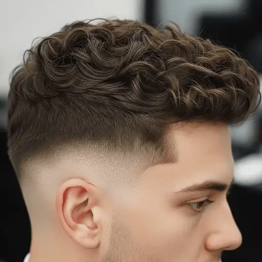 A stylish, textured hairstyle featuring voluminous curly hair on top with a tapered fade on the sides—perfect for showcasing thick hair for men.