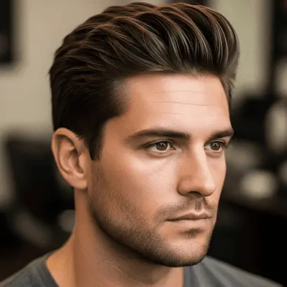 A young man with a stylish, thick men's medium length hairstyle, wearing a gray shirt, sits in a barbershop with the background softly blurred.