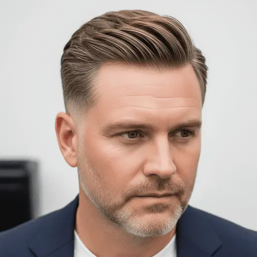 A man wearing a navy blazer and white t-shirt, showcasing a stylish, slicked-back look that's one of the flattering men hairstyles for round face shapes, set against a plain background.