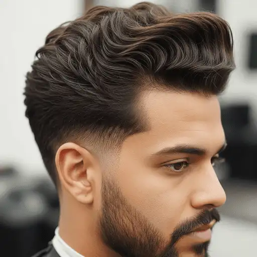 Close-up of a stylish haircut showcasing wavy dark hair on top and a tapered fade on the sides, highlighting a trendy look for thick hair for men.