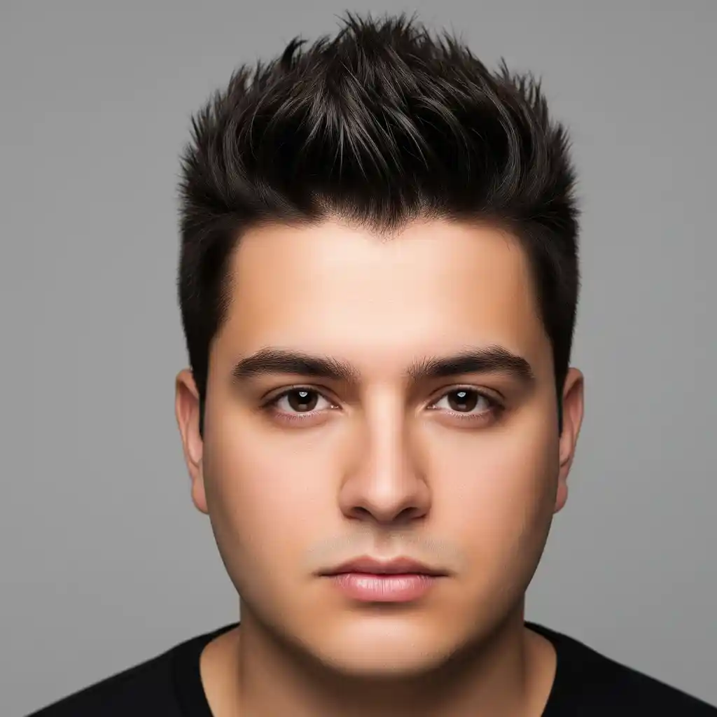 50+ Top Men Hairstyles for Round Face 2 A man with stylish, spiked hair, wearing a dark shirt and set against a plain gray background, showcasing modern photography aesthetics and a trendy example of men hairstyles for round face.