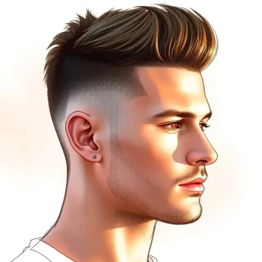A close-up profile of a person showcasing long hair styling for men with a stylish haircut featuring a faded undercut and detailed hair texture.
