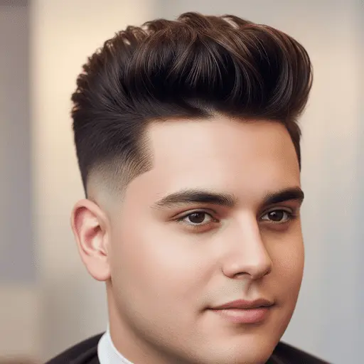 A close-up of a stylishly quiffed hairstyle with rich brown tones and a gradual fade on the sides, designed as one of the flattering men hairstyles for round face shapes, set against a soft background.