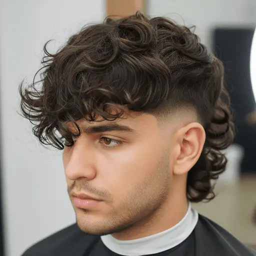 Close-up of a person with curly, styled hair—an example of thick hair for men—featuring a fade haircut and wearing a salon cape in a modern barbershop setting.