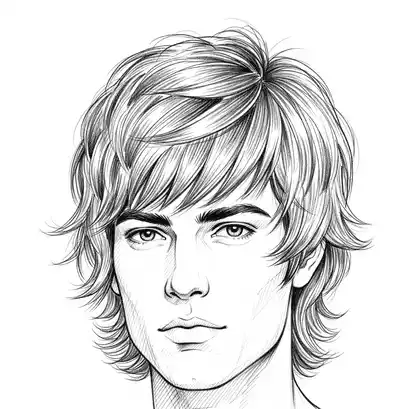 A detailed sketch of a men's medium length hairstyle with short, wavy, layered strands, showcasing a light and textured appearance.
