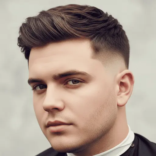 A young man with stylish, textured brown hair and a fade haircut, wearing a barber cape and showcasing one of the trendy men hairstyles for round face, displaying a contemporary look.