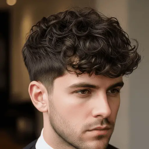 A close-up view of a stylish hairstyle featuring thick, curly locks on top with a faded short cut on the sides—an excellent example of thick hair for men.