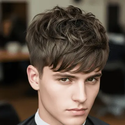 A close-up of a young person's textured, tousled look—an example of a men's medium length hairstyle with light brown tones—set against a blurred background of a salon.