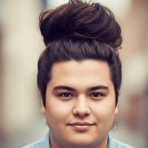 A person with dark, wavy, upstyled hair styled in one of the flattering men hairstyles for round face, standing in a blurred outdoor setting and wearing a light denim jacket.