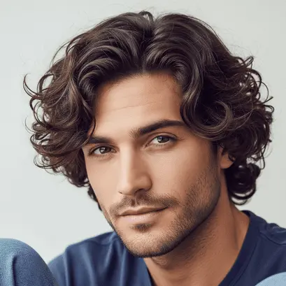 A close-up of a person with wavy, dark brown hair styled in a men's medium length hairstyle, wearing a casual blue shirt against a neutral background.