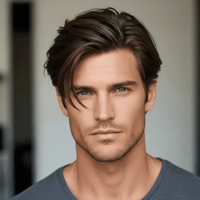 A young man with a men's medium length hairstyle, styled brown hair, and wearing a gray t-shirt, poses in a softly lit indoor environment.