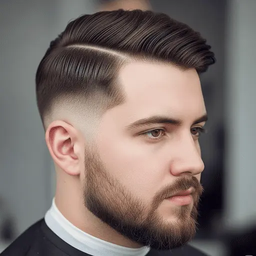 A close-up of a stylish haircut featuring a slicked-back top and a faded side, representing one of the modern men hairstyles for round face, highlighting a contemporary grooming look.