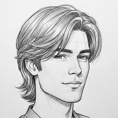 A black and white sketch of a young man with a men's medium length hairstyle featuring layered hair, wearing a collared shirt and facing slightly to the left.