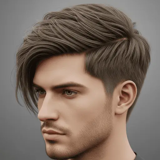 A close-up of a men's medium length hairstyle featuring stylish, tousled hair with a blend of light brown and ash tones, showcasing an elegant side profile against a gray background.