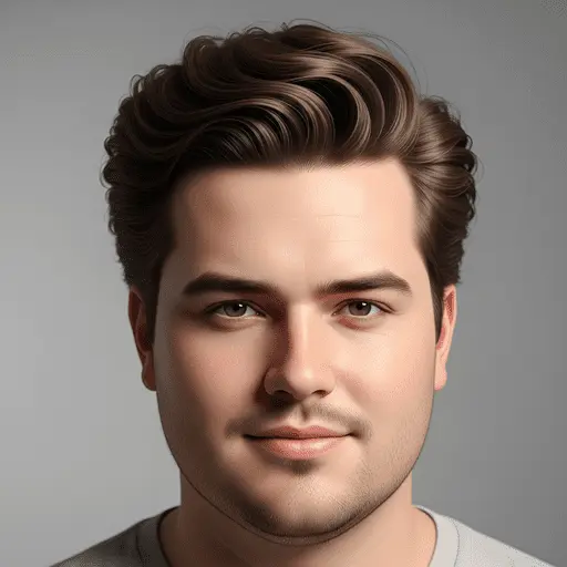 A close-up of a person with wavy, styled brown hair, showcasing one of the flattering men hairstyles for round face, dressed in a light gray shirt against a neutral background.