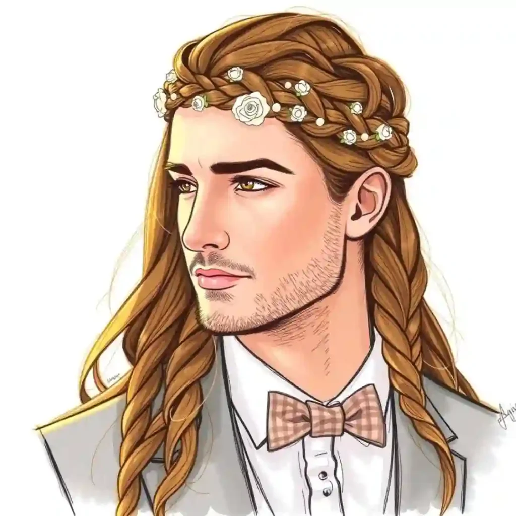 Wedding hairstyle for men featuring long, braided hair adorned with small flowers, worn by a person in a light gray suit and a checkered bow tie, against a white background.