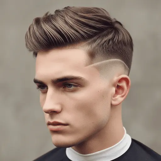 A stylish men's medium length hairstyle featuring a half-up haircut with sleek, voluminous layers, complemented by a sharp fade on the sides, against a neutral background.