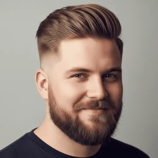A close-up of a man with a stylish, textured haircut suitable for men hairstyles for round face, complemented by a short beard and wearing a black shirt against a soft gray background.