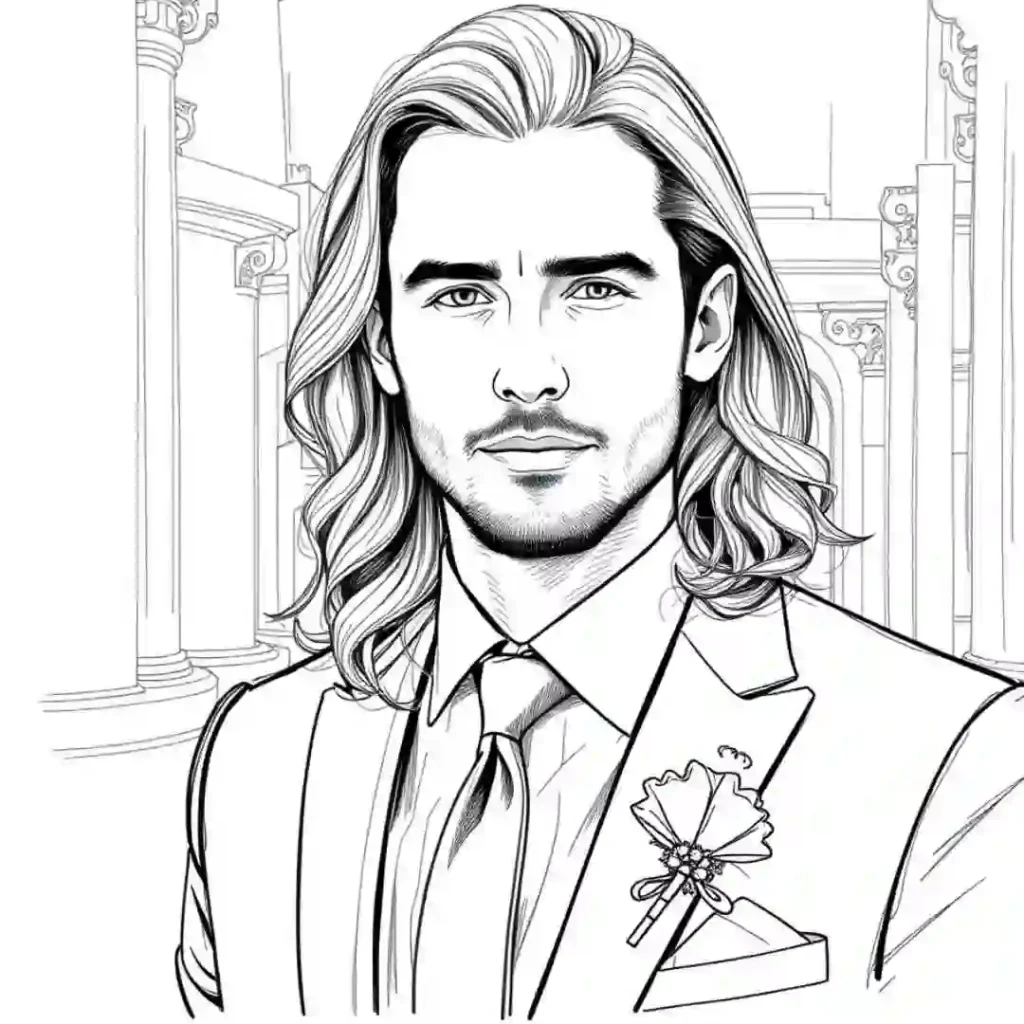 A man with long, wavy hair dressed in a stylish suit, featuring a decorative boutonnière, set against a columned background, showcasing a wedding hairstyle for men.