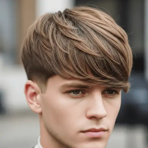 A young person with a stylish, tousled look featuring a men's medium length hairstyle, dressed in a professional outfit and standing outdoors with a blurred background.