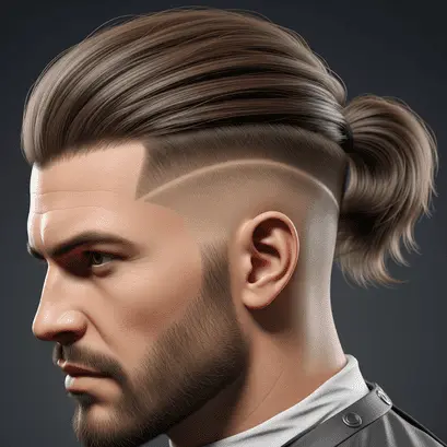 Men’s Medium Length Hairstyle 3 Close-up of a men's medium length hairstyle featuring sleek, swept-back layers and a clean fade, accentuated by a small ponytail at the back.